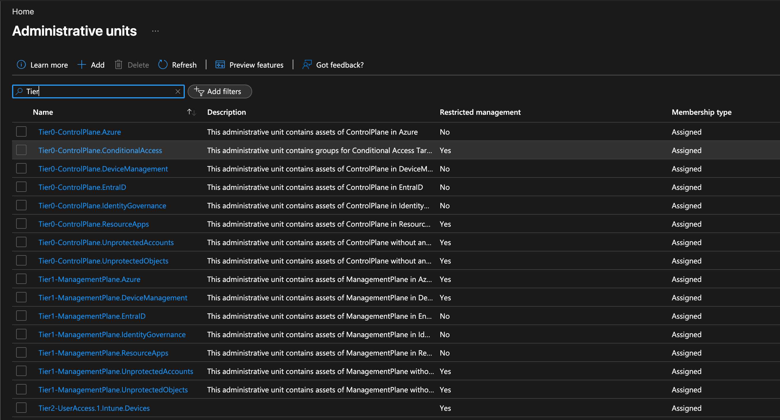 Microsoft Entra administrative units created for EntraOps tiers