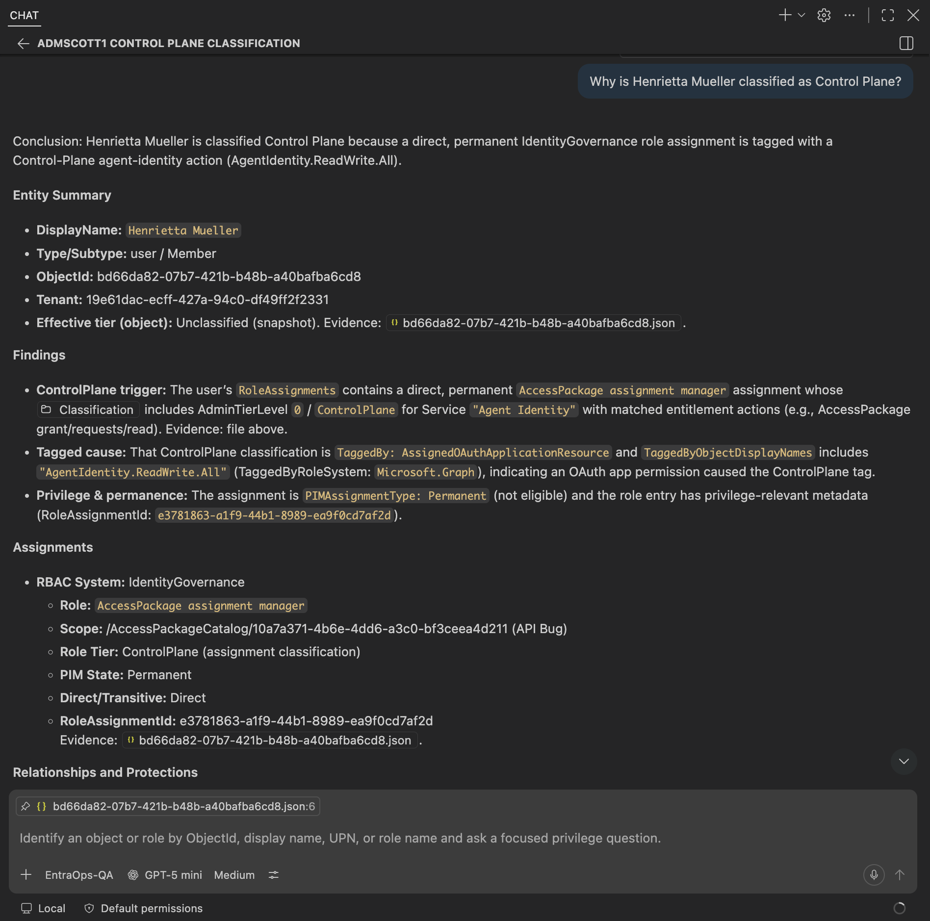 GitHub Copilot Agent investigating the classification of a privileged EntraOps asset
