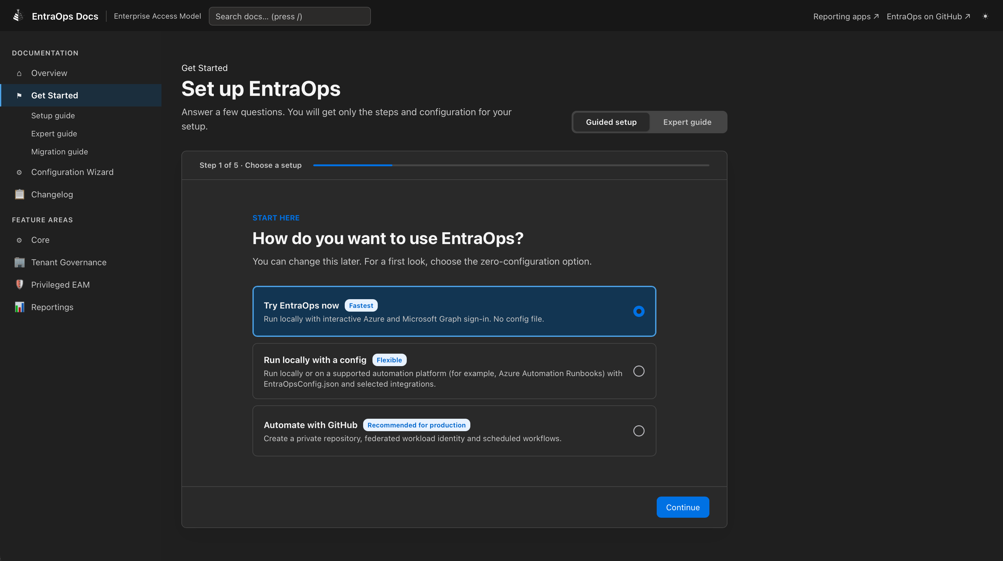 EntraOps Get Started guide showing deployment options